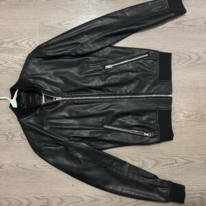 Zara Black Leather Bomber Jacket